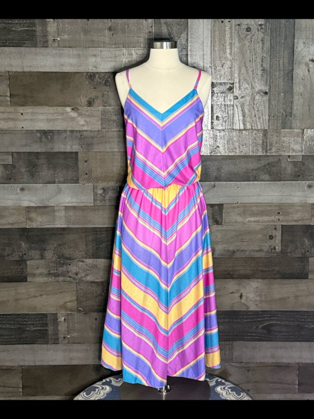 Avon Fashions vintage 80s rainbow stripes maxi dress size 15 retro barbiecore